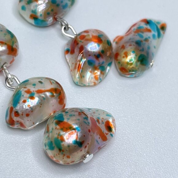 Artisan Confetti Blue Orange Baroque Pearl Beaded Dangle Earrings Silver Plated - Picture 2 of 6